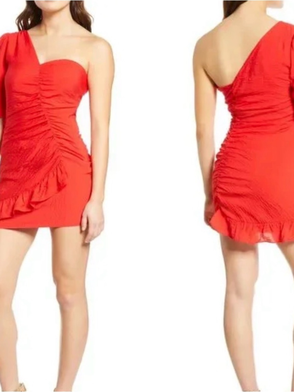 Leith One-Shoulder Red Ruched Ruffle Mini Dress